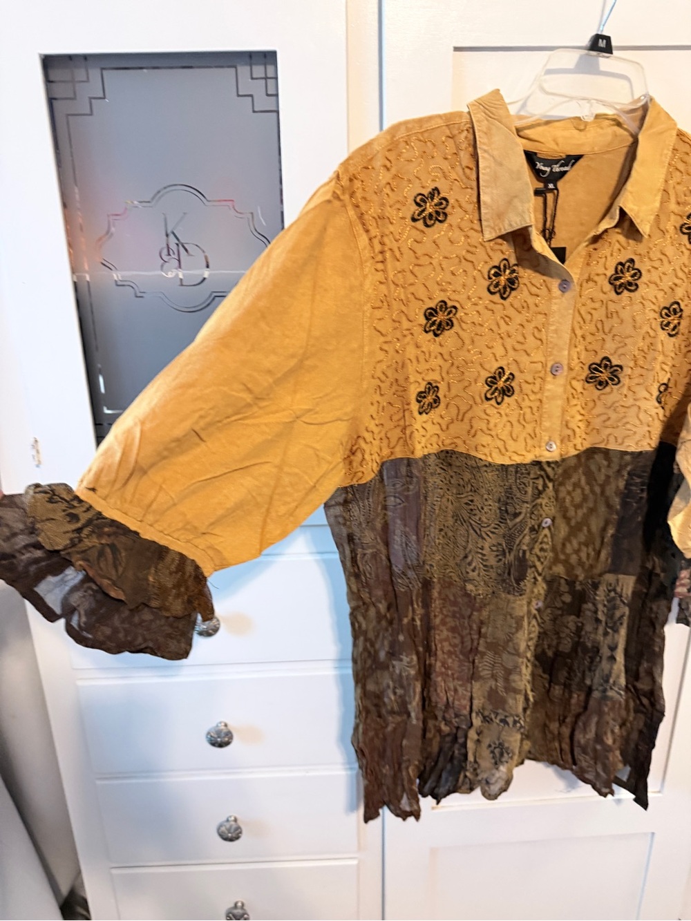Young Threads Mustard & Brown Embroidered Patchwork Blouse- PTP 22